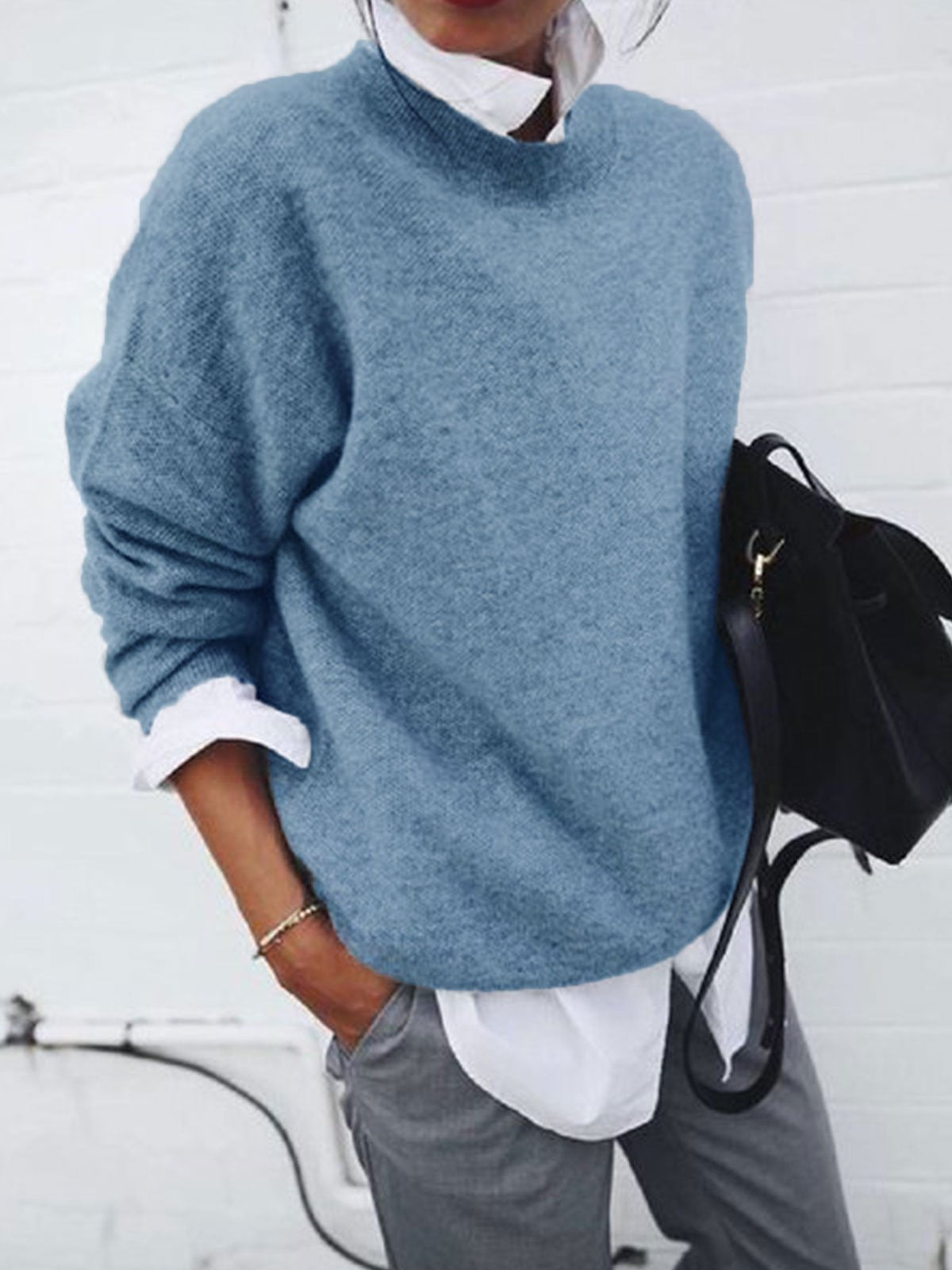 LB | Casualowy sweter z dzianiny z okrągłym dekoltem
