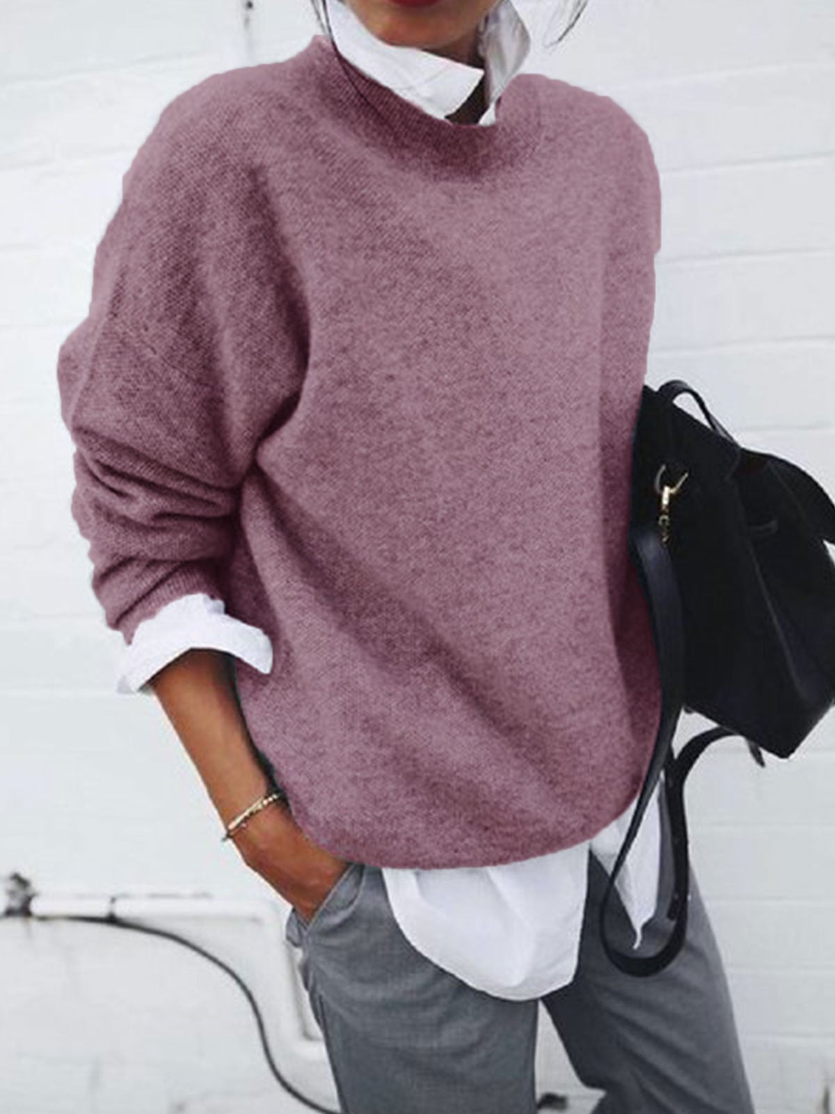 LB | Casualowy sweter z dzianiny z okrągłym dekoltem