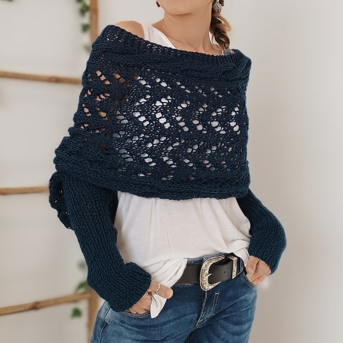LB | Elegancki sweter z dzianiny z ażurowymi detalami