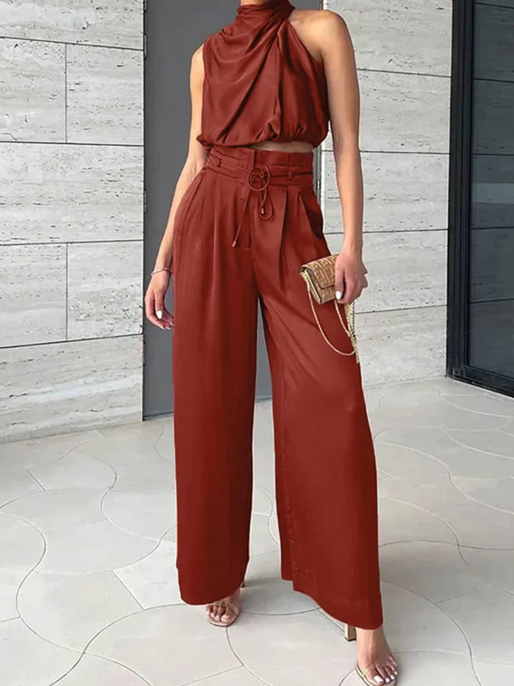 LB | Crop top z dekoltem typu halterneck i szerokimi nogawkami