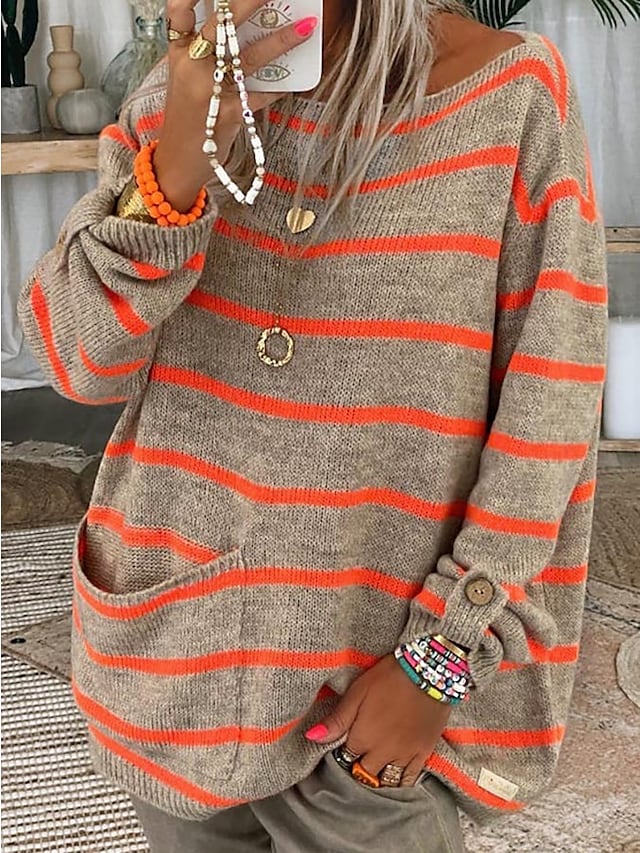 LB | Sweter z dzianiny w paski z kieszeniami