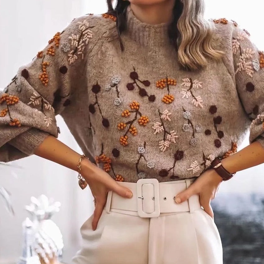 LB | Sweter z dzianiny w stylu vintage z kwiatowym haftem