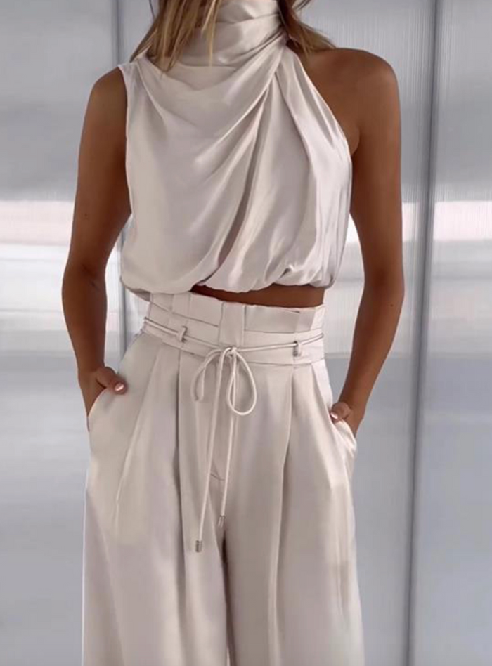 LB | Crop top z dekoltem typu halterneck i szerokimi nogawkami