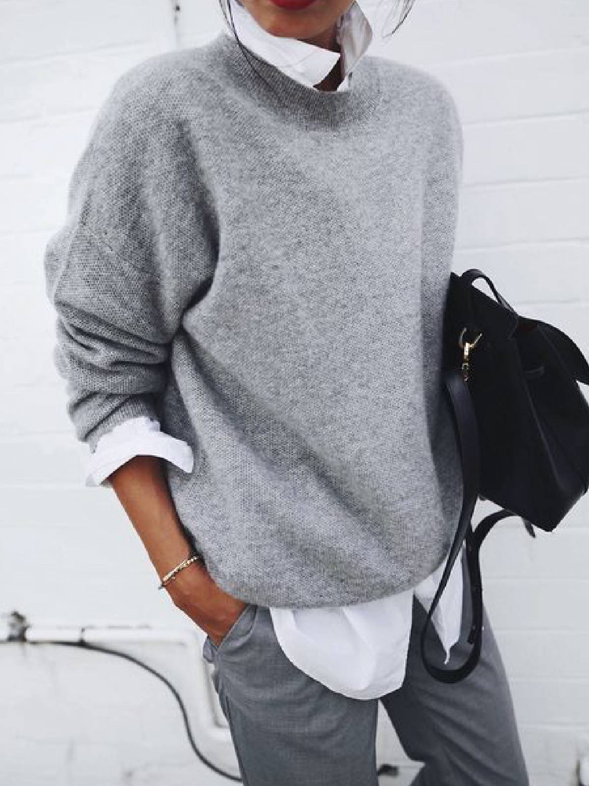 LB | Casualowy sweter z dzianiny z okrągłym dekoltem