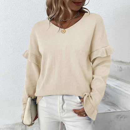    Blue-Womens-V-Neck-Long-Sleeve-Blouse-Loose-Fit-Tunics-Ruffles-Knit-Solid-Color-Tops-Fall-Tee-Shirts-K264