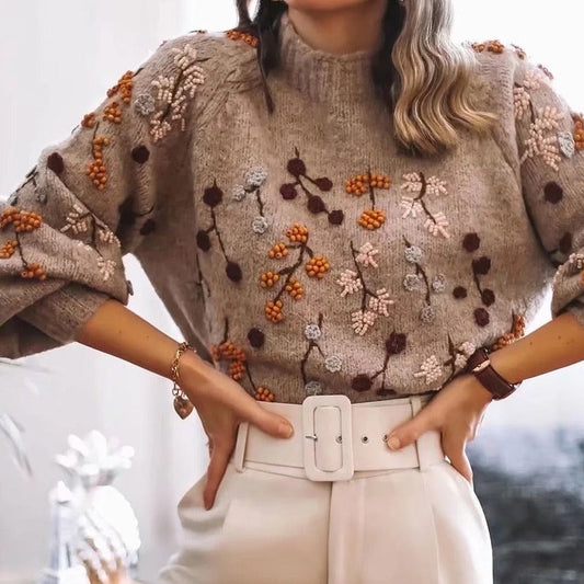 LB | Sweter z dzianiny w stylu vintage z kwiatowym haftem