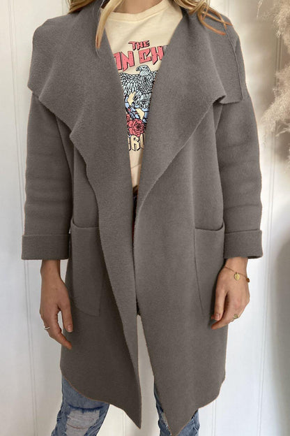 Waterfall Collar Brushed Longline Coat with Pockets - BELLATRENDZ